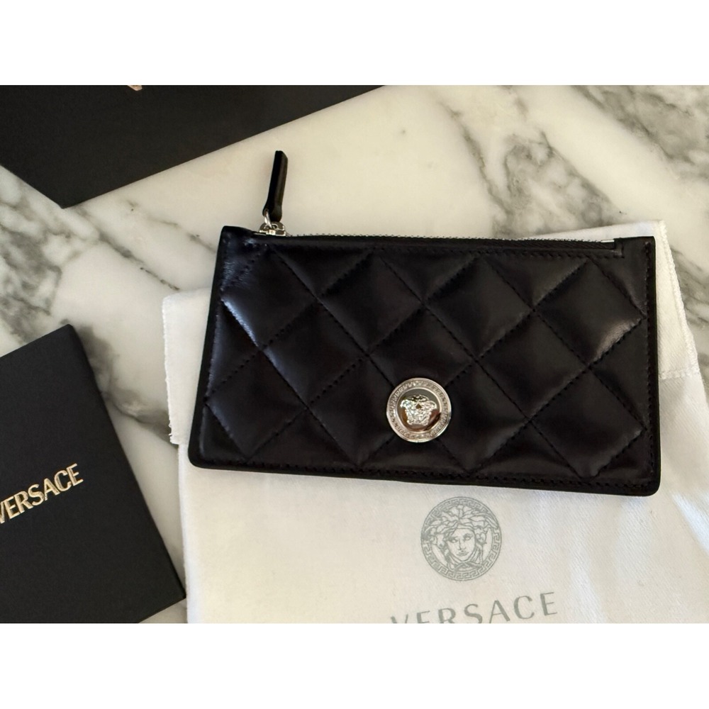 VERSACE Medusa Quilted Black Lambskin Leather Card Holder Wallet